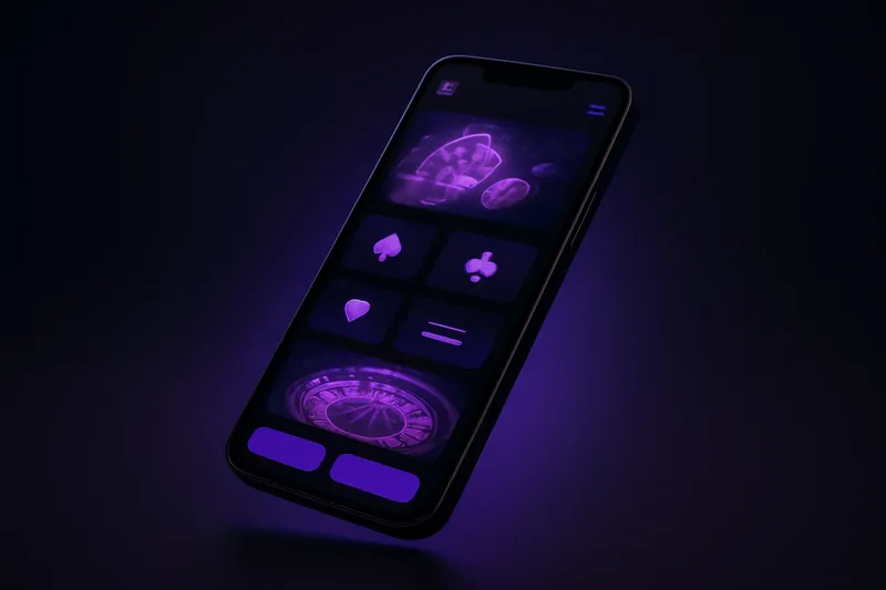 App Cassino Premium Smartphone moderno flutuando com app de cassino premium em tema escuro