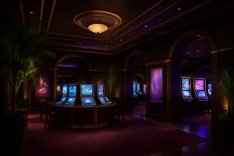 Lobby de cassino brasileiro com detalhes roxos e dourados, telas brilhantes