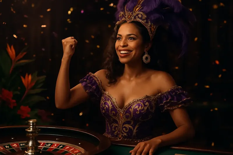Cassino Premium Brasileiro Mulher brasileira confiante em fantasia de carnaval perto da roleta luxuosa