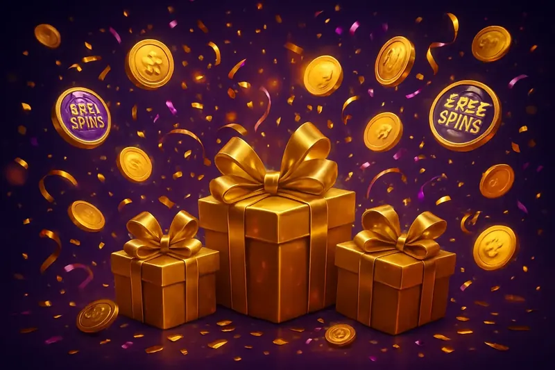 Promoções De Cassino Caixas de presente douradas, confete roxo e ouro, fichas e símbolos do Real